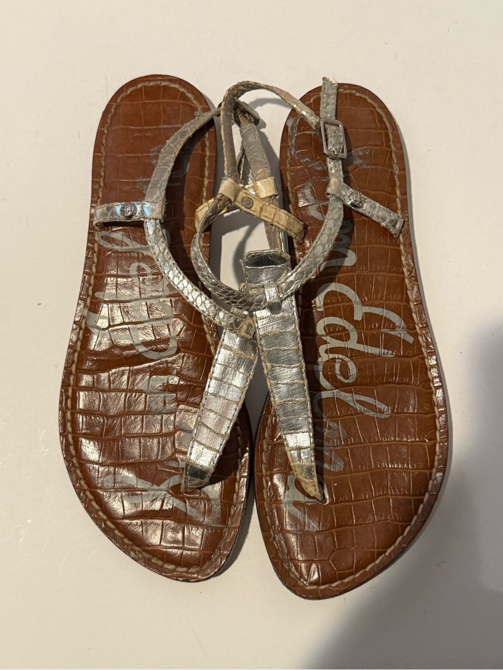 Sam Edelman Silver and Brown T‑Strap Sandals